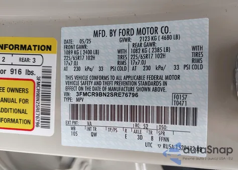 2025 Ford Bronco Sport Big Bend z USA, uszkodzony, nr VIN 3FMCR9BN2SRE76796